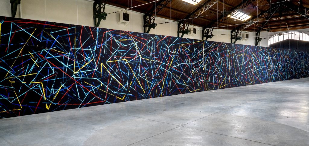 "Technological Dances, Deployable Multifunction Solar Array for Cube-sat" gouache on canvas, drops of rain, 4000 × 320 cm, 2021