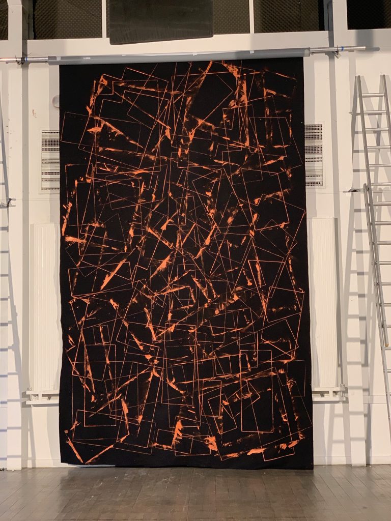 « THE RITUAL OF THE SHAPES, E-GATE RECOGNITION MACHINE » gouache on felt, 500 cm x 300 cm, 2020