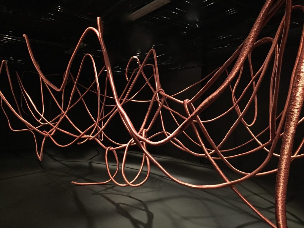 "Internet Cables" internet cables gathered and collectively memorised with eco-friendly copper-coloured wire, varying dimensions, 2012