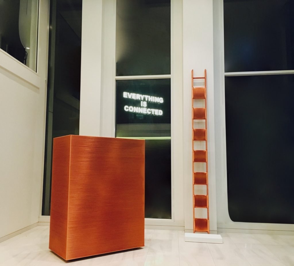 "Elevator Data", elevator replicated in wood and collectively memorised with eco-friendly copper-coloured wire, 215 × 166 cm, 2015