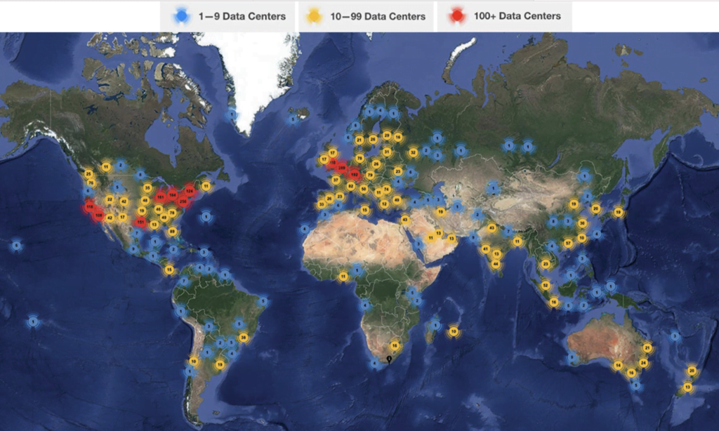 Data centres, world map, 2021