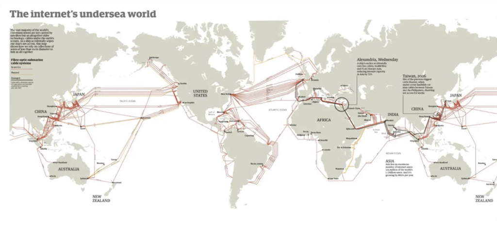 Infographic map from the The Guardian showing the underwater copper cables that connect the world, 2012