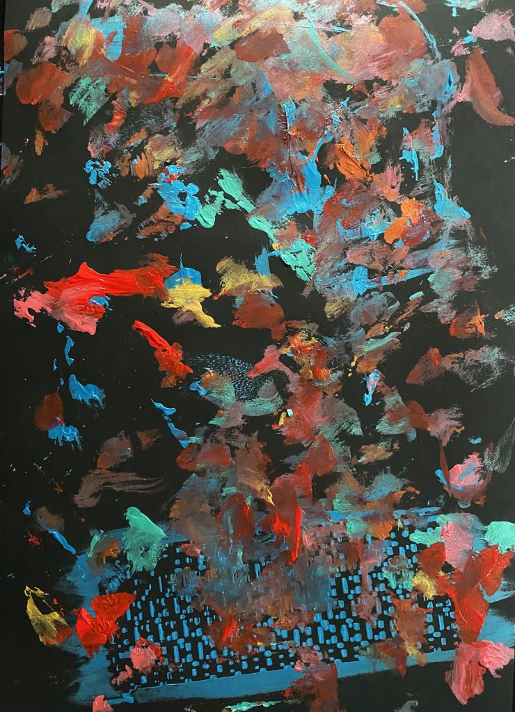 "Chance Composition" gouache, acrylic on canvas, rain drops, 59 × 42 cm, 2022