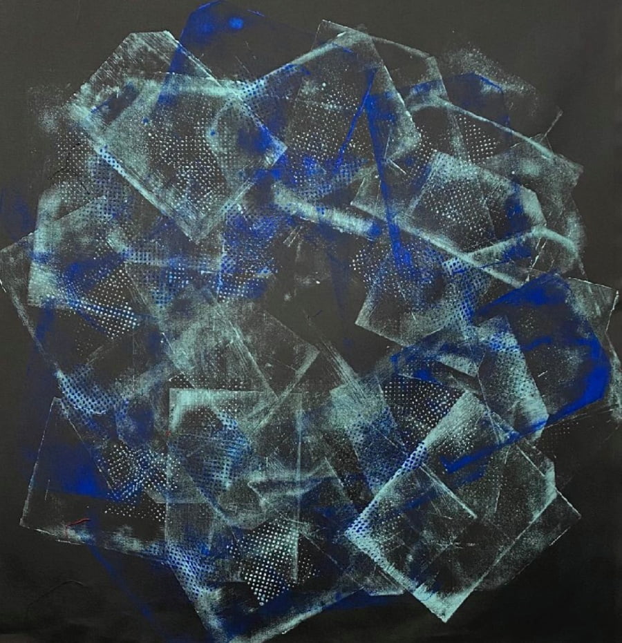 "Technological Dances, Internet Live-box II" gouache on canvas, drops of rain, 80 × 79 cm, 2021