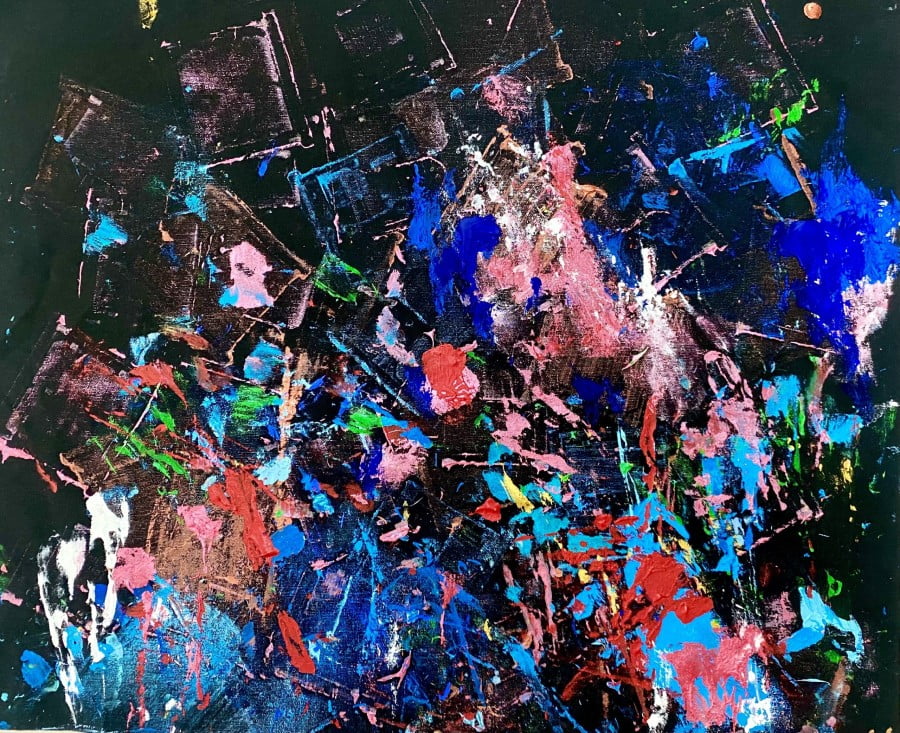 "Chance Composition N.151" gouache, acrylic on canvas, rain drops, 59 × 74 cm, 2023