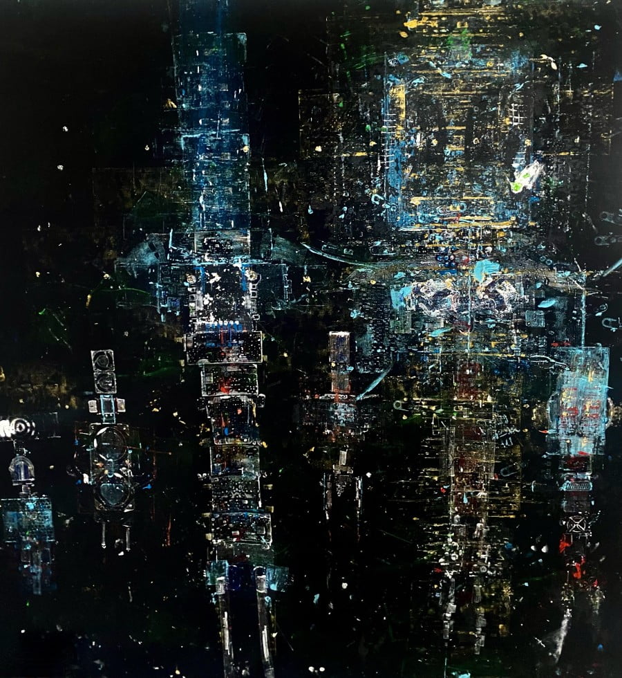 "Digital Goddesses 86" circuit boards, computer parts, gouache on fabric, 155 × 140 cm, 2023
