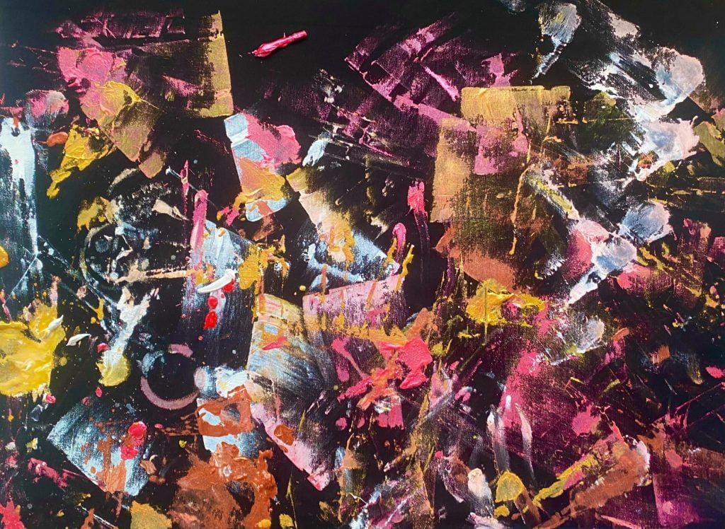 "Chance Composition N.180" gouache, acrylic on canvas, rain drops, 59 × 74 cm, 2023