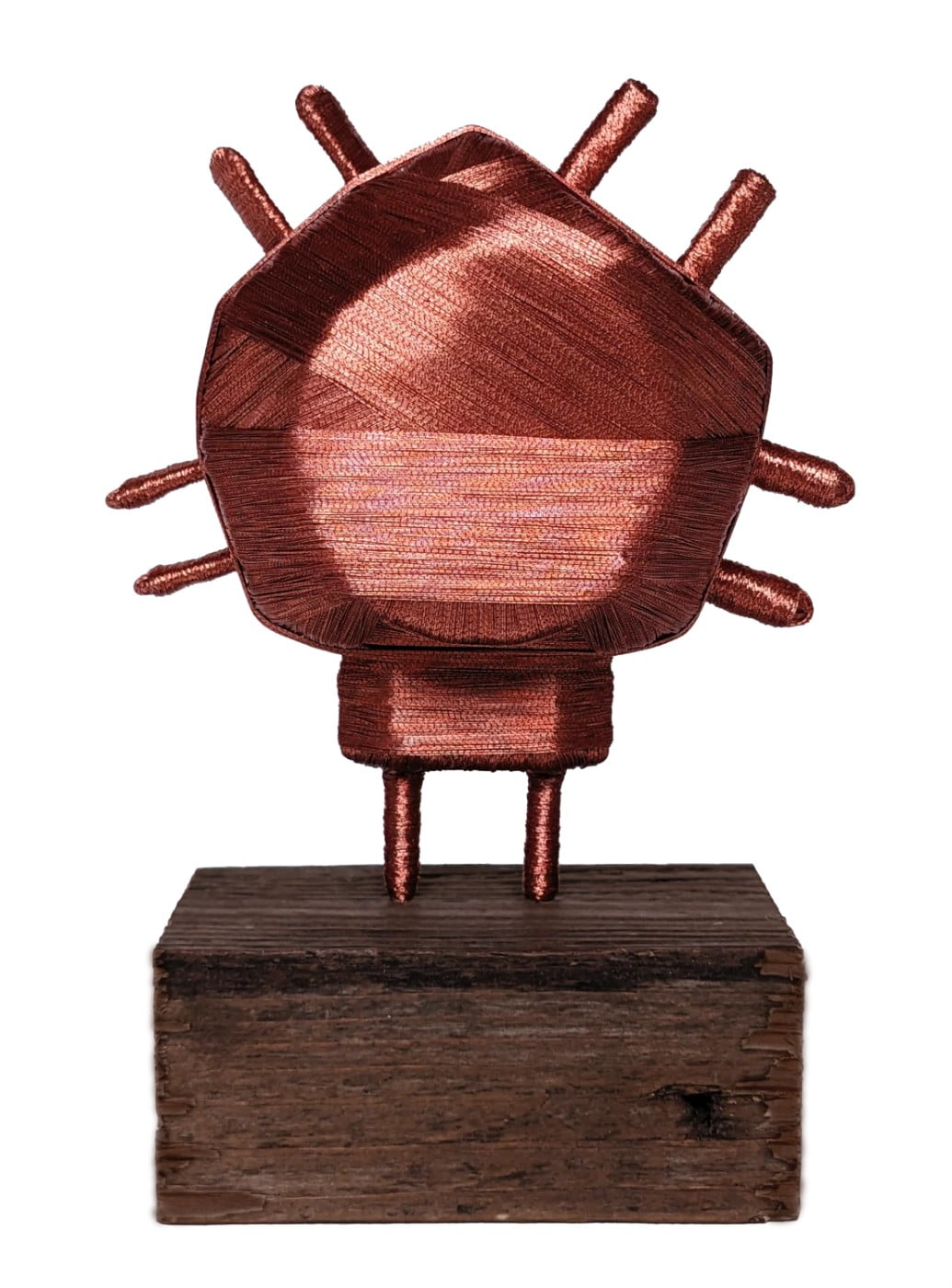 "Spiritual Machines, Statuette 76" recycled object: Travel adapter plug, eco-friendly copper coloured wire, 11 × 4.5 cm, 2023