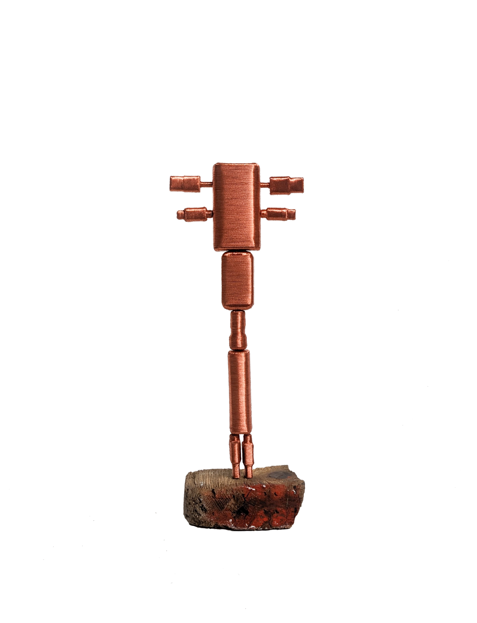 "Spiritual Machines, Statuette 89" recycled objects: Six usb plugs, two camera batteries, usb power adapter, coaxial plug, eco-friendly copper coloured wire, 26 × 12 cm, 2024